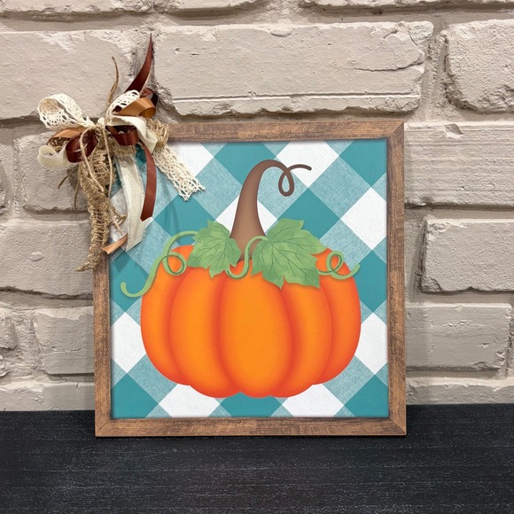 Other - Fall Pumpkin Teal Buffalo Plaid Wall Sign Rustic Faux Wood Frame Decor Bow